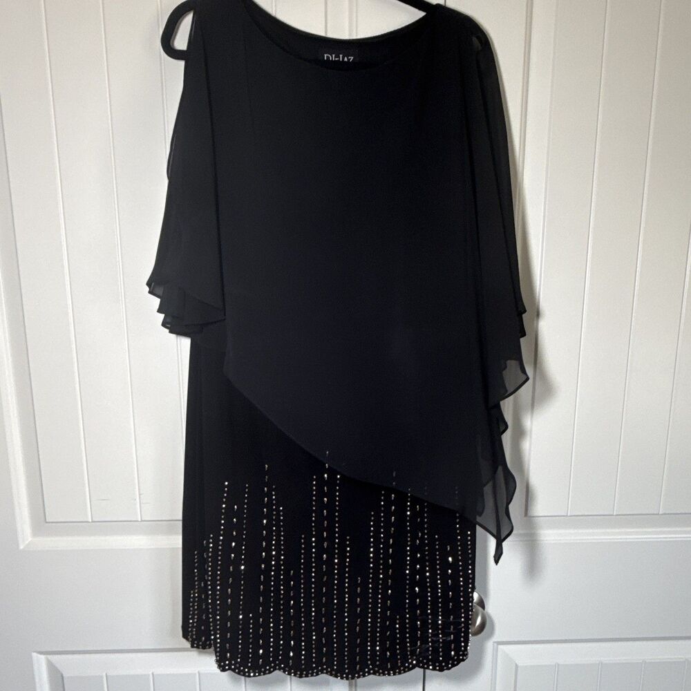 DJ-JAZ Black Chiffon Layered Sheath Dress Beaded Hem Knee Length Size 12